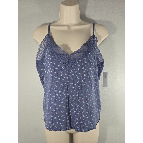 American Eagle Outfitters Tops - American Eagle Blue Pointelle Lace Trim Cami Tank Top Floral Coquette Sz XXL BJ